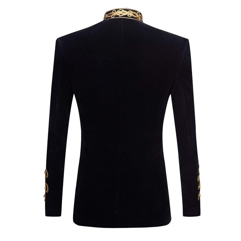 PYJTRL Mens Stylish Court Prince Black Velvet Gold Embroidery Blazer Suit Jacket (Black Gold, 36) - Image 2